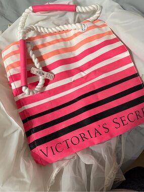 Victoria's Secret Hot Pink, Coral & White Striped Rope Tote